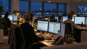 Assistance coordinators handling medical and roadside cases at night